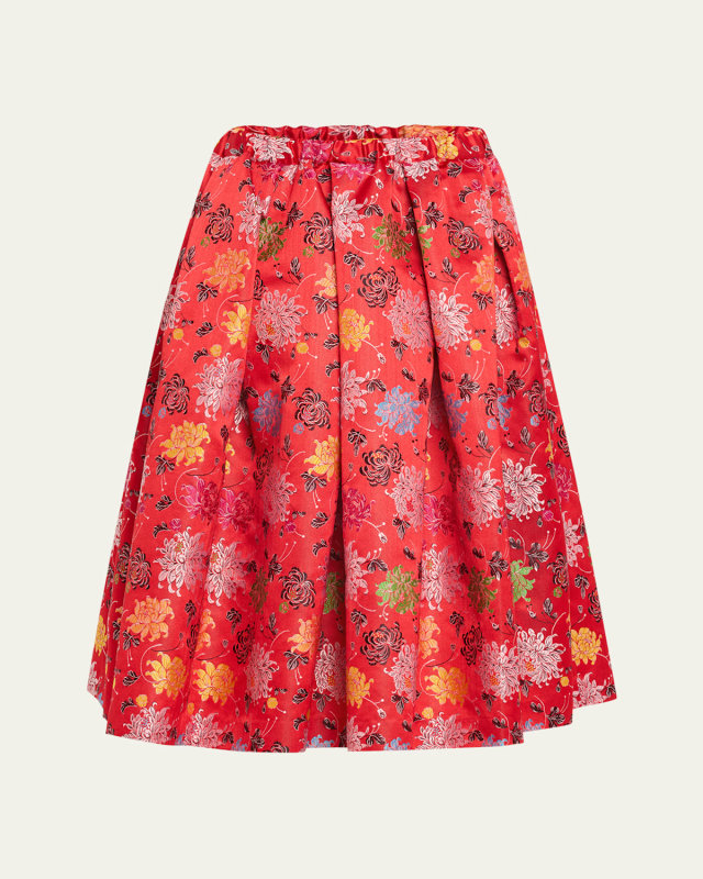 Red Flower Jacquard Pleated Midi Skirt
